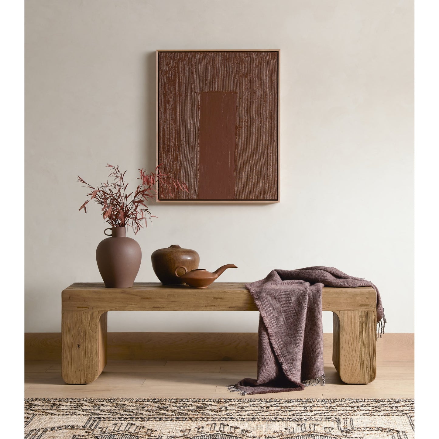 012 SI-1799826 | Lifestyle | Merrick Accent Bench by Four Hands in natural elm. Made from solid reclaimed elm, poplar plywood in a modern style.