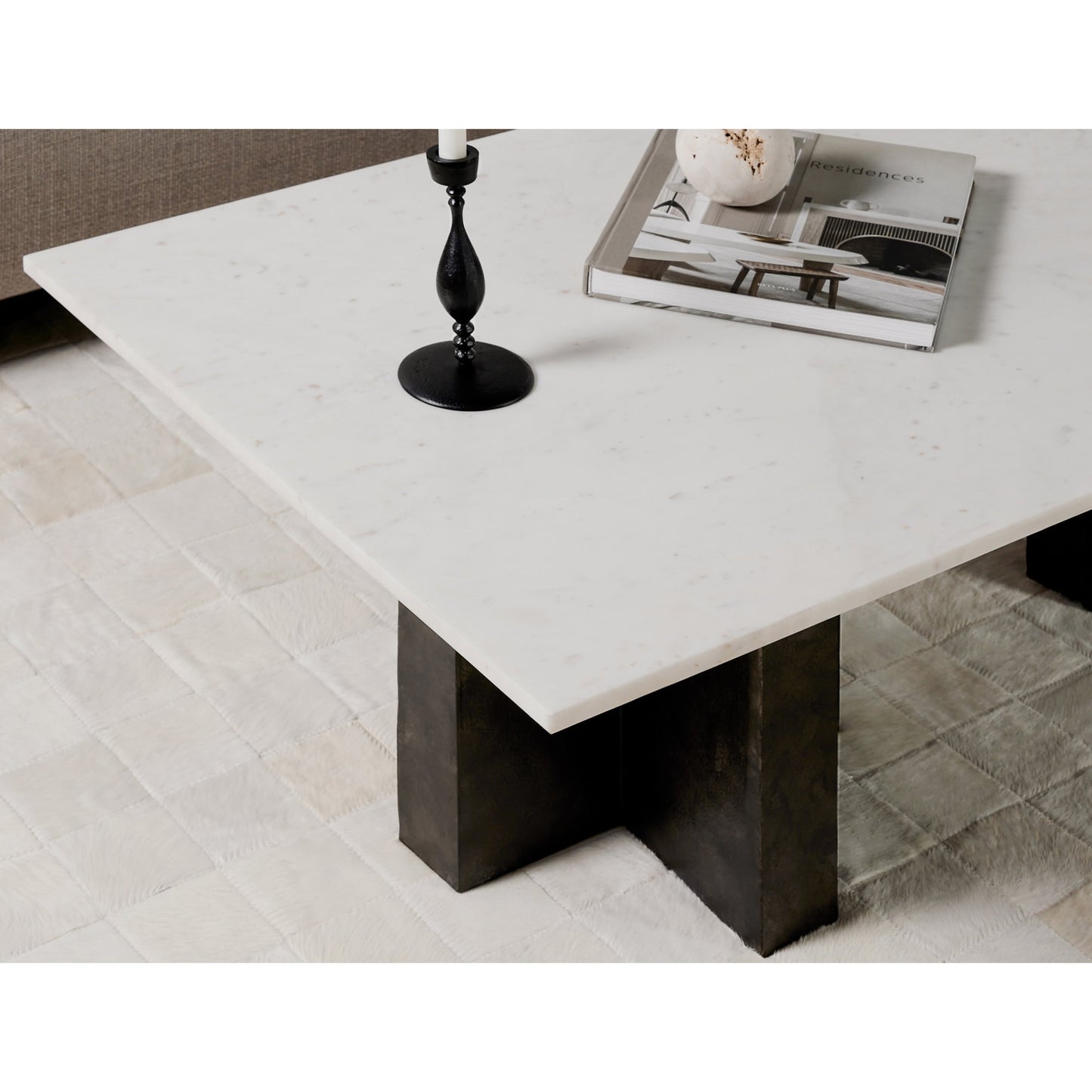 011 SI-1798409 | Lifestyle | Terrell Coffee Table by Four Hands in raw black, white marble. Made from solid marble, aluminum in a modern style.