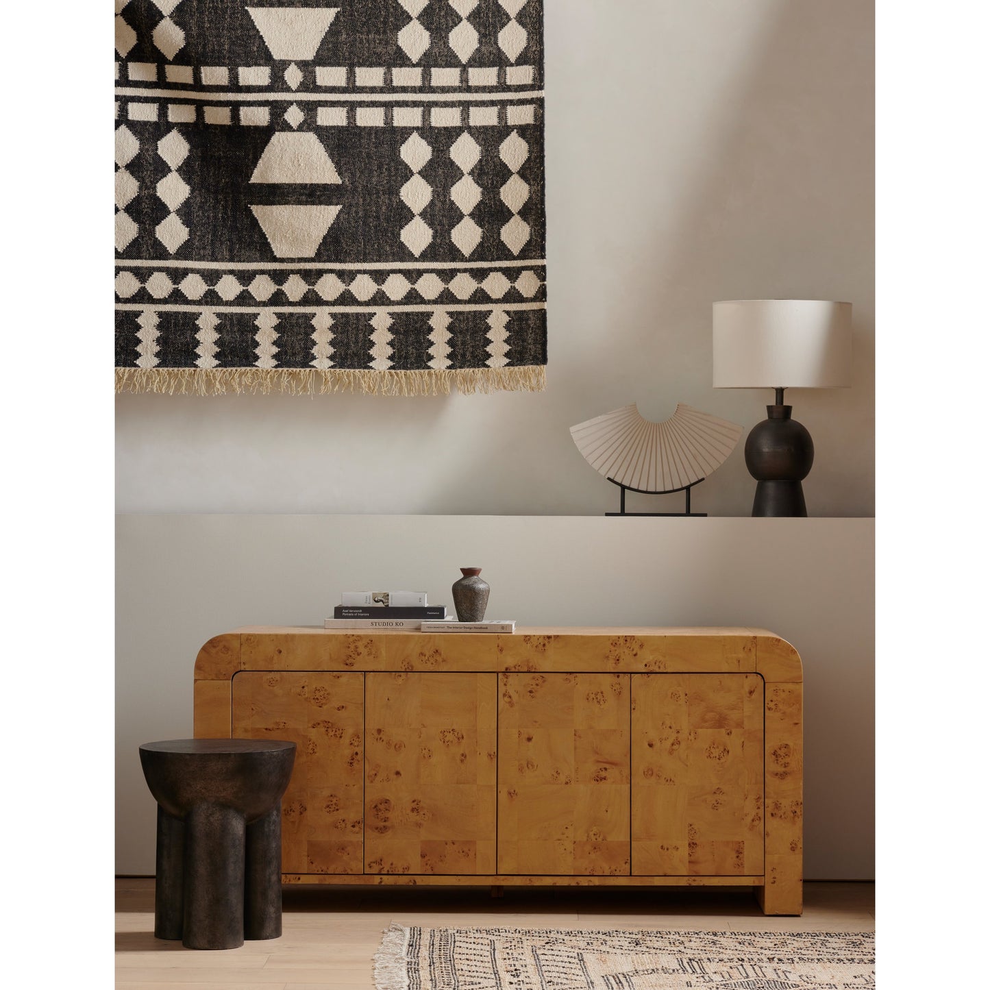 010 SI-1797624 | Lifestyle | Sante End Table by Four Hands in raw black. Made from aluminum, engineered hardwood in a modern style.