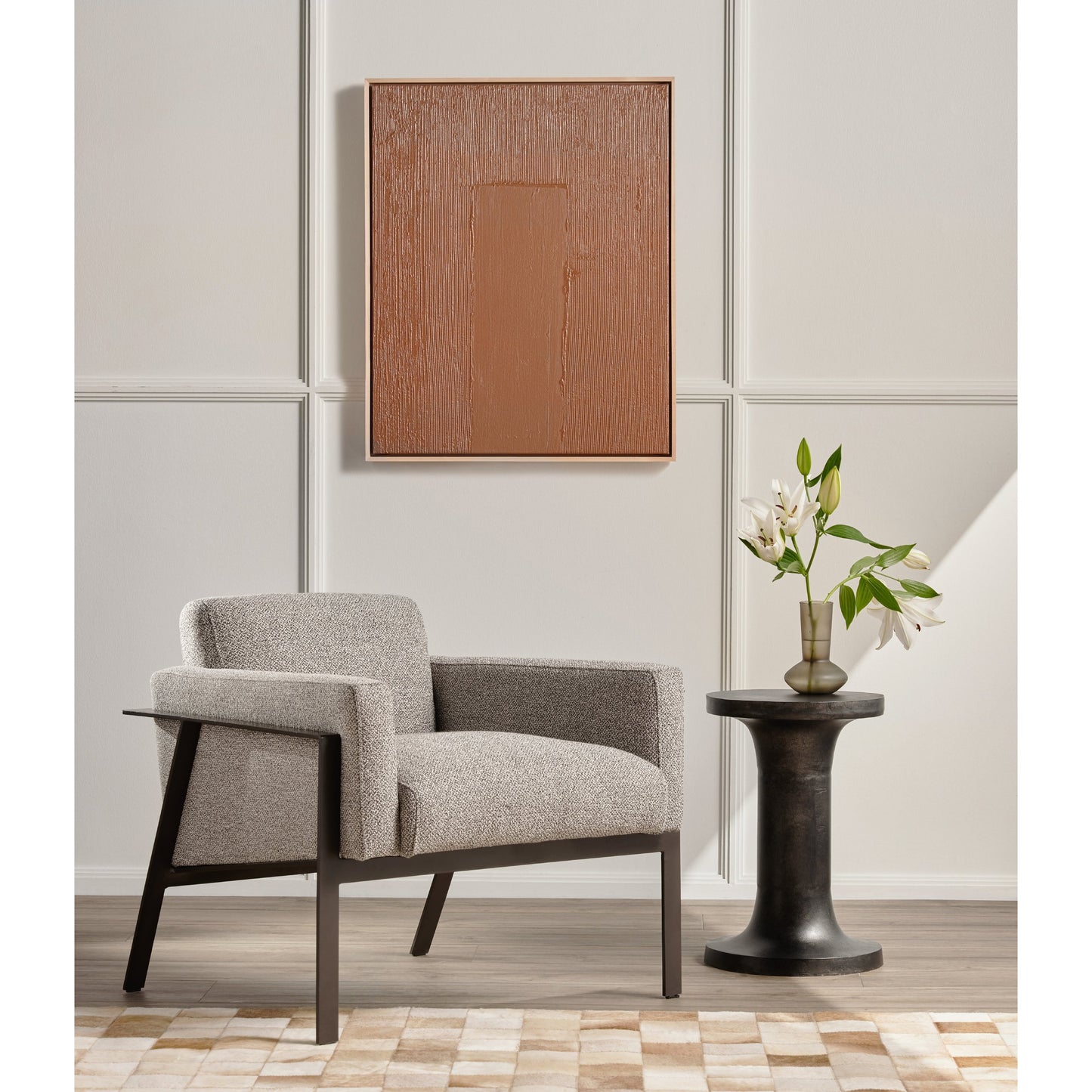 018 SI-1797782 | Lifestyle | Gino End Table by Four Hands in raw black. Made from aluminum, engineered hardwood in a modern style.