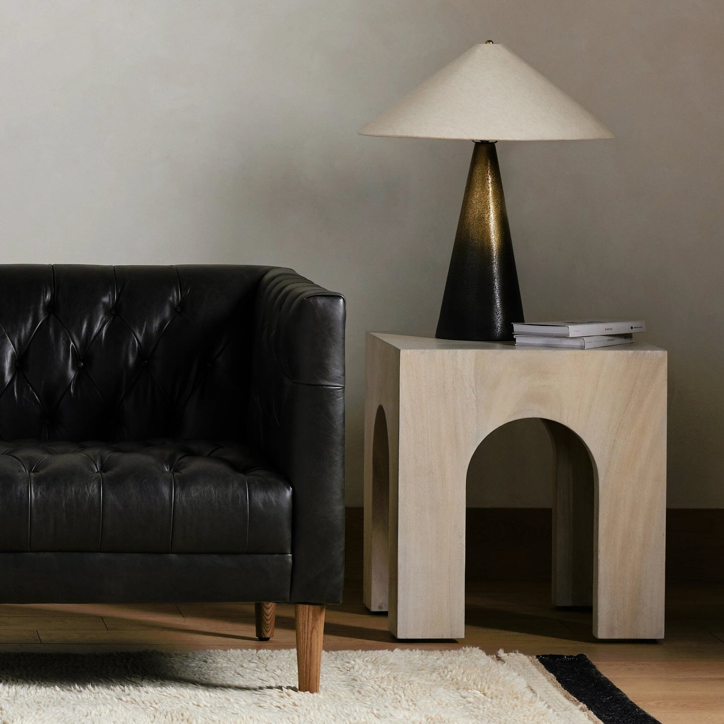 011 SI-1799581 | Lifestyle | Fausto End Table by Four Hands in bleached guanacaste. Made from thick guanacaste veneer in a modern style.