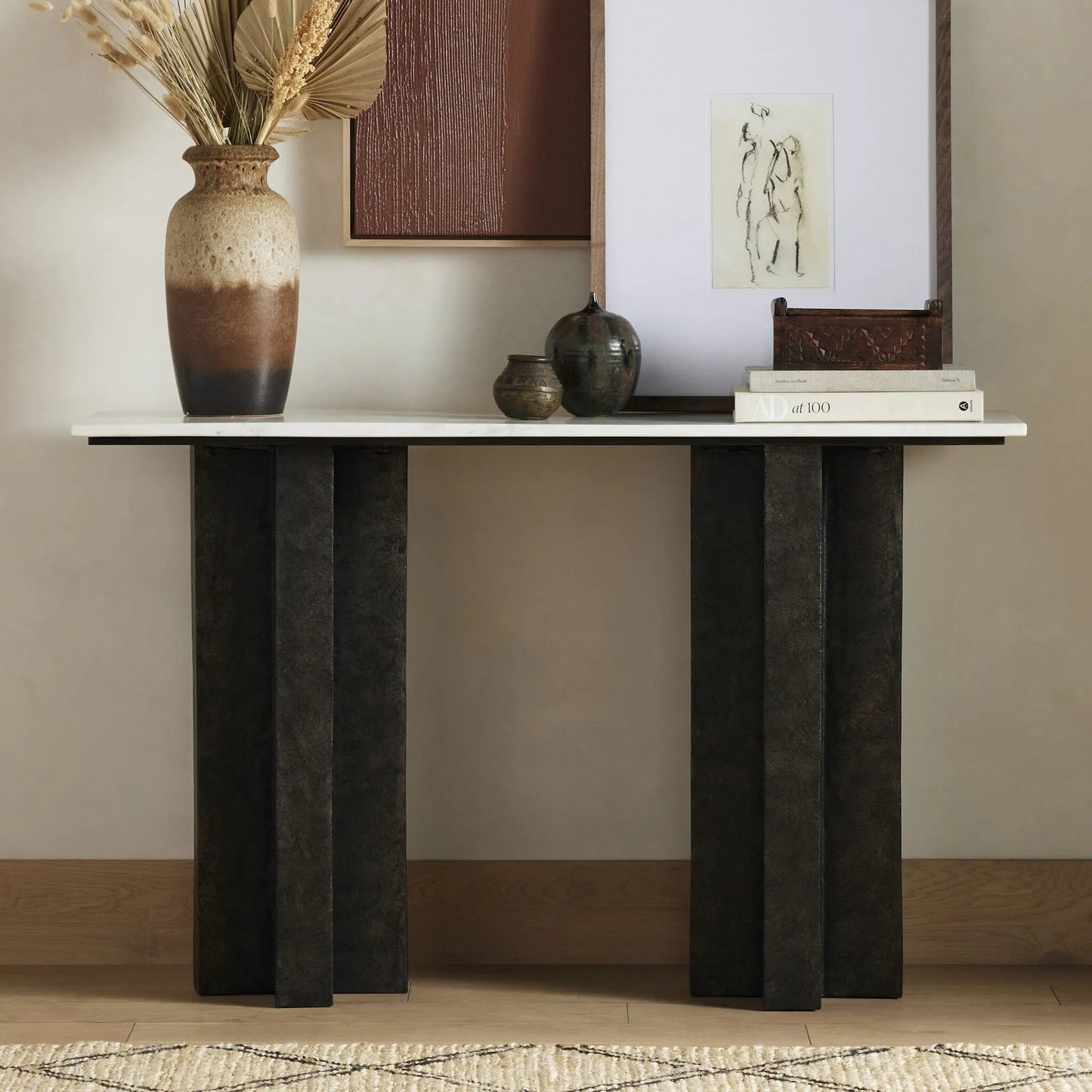 022 SI-1798512 | Lifestyle | Terrell Console Table by Four Hands in polished white marble, raw black. Made from solid marble, aluminum in a modern style.