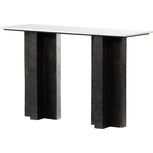 Terrell Console Table by Four Hands in polished white marble, raw black. Made from solid marble, aluminum in a modern style.
