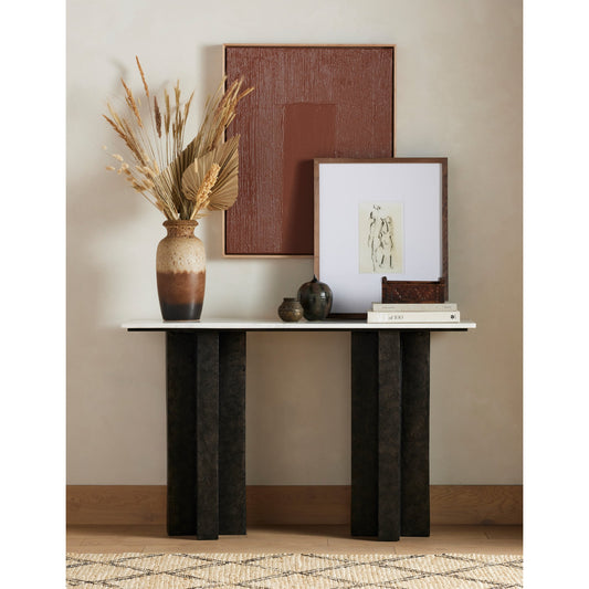 Terrell Console Table by Four Hands in polished white marble, raw black. Made from solid marble, aluminum in a modern style.