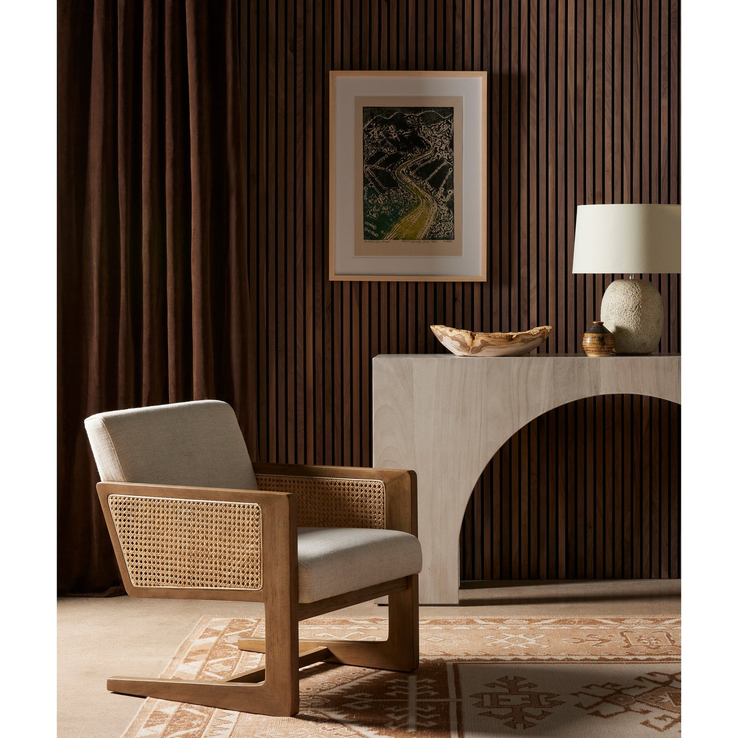 022 SI-1901709 | Lifestyle | Fausto Console Table by Four Hands in bleached guanacaste. Made from thick guanacaste veneer in a modern style.