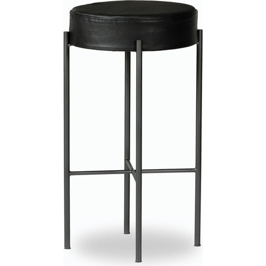 Nocona Bar + Counter Stool by Four Hands in black leather, gunmetal and black leather. Made from top grain leather, iron, 100% polyurethane foam pad in a modern style.