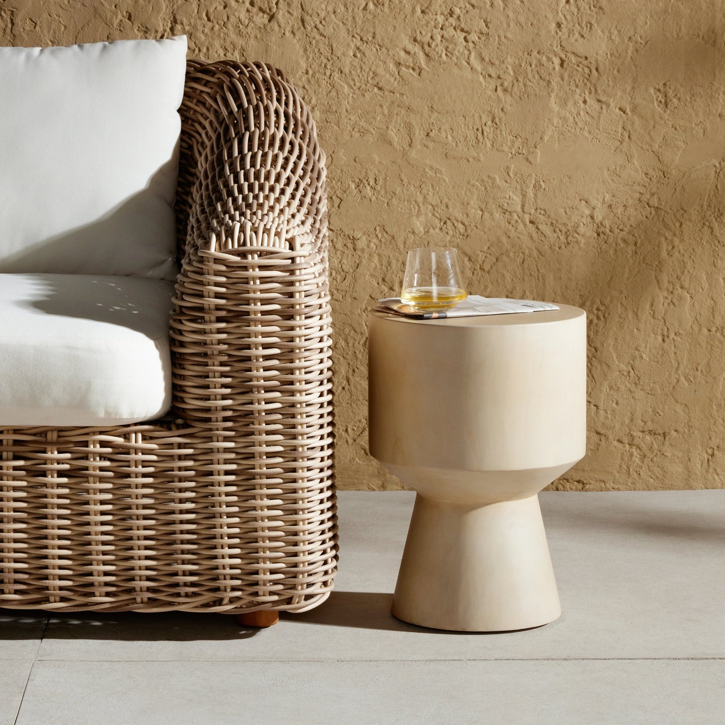 014 SI-1980466 | Lifestyle | Jovie Outdoor End Table by Four Hands. Made from solid teak in a modern style.