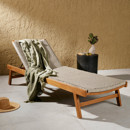 Delano Outdoor Chaise by Four Hands. Made from solid fsc®-certified teak, 100% polypropylene, stainless steel in a coastal style.