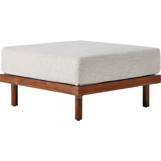 Culver Outdoor Ottoman by Four Hands in faye sand. Made from 100% olefin, solid fsc®-certified teak, 91% polyurethane foam pad, 9% polyester fiber batting in a modern style.