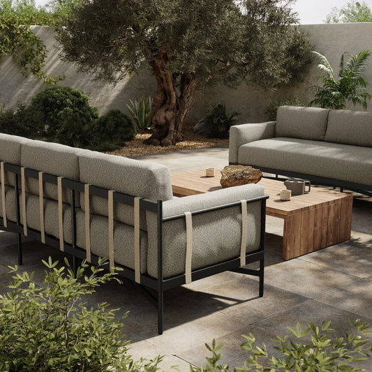Hearst 99" Outdoor Sofa by Four Hands in bronze. Made from 100% olefin, aluminum, 100% polypropylene in a modern style.