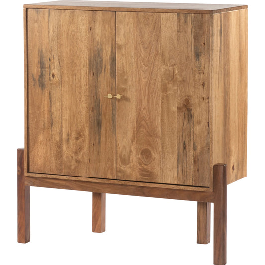 Reza Bar Cabinet by Four Hands in smoked honey parawood. Made from solid parawood, brass, solid acacia in a transitional style.