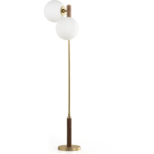 Colome Floor Lamp by Four Hands in natural walnut, aged brass. Made from brass, glass, solid walnut in a modern style.