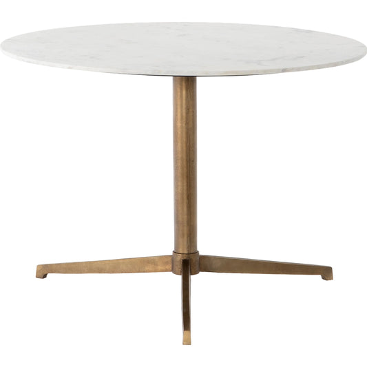 Helen Round Bistro Table by Four Hands in raw brass, polished white marble. Made from solid marble, aluminum in a modern style.