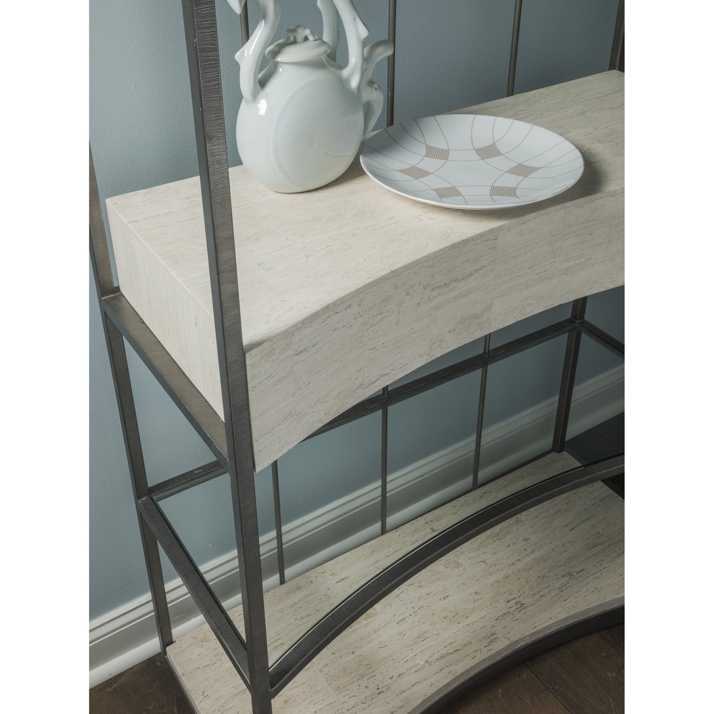 002 SI-1823394 | Closeup | Cachet Etagere by Artistica Home in silver leaf. Made from unique in a transitional style.