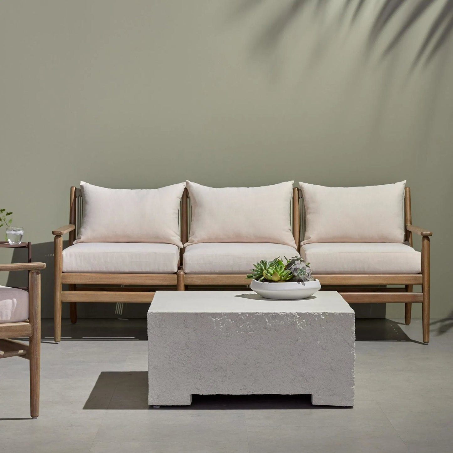 016 SI-1716566 | Lifestyle | Rosen Outdoor Sofa by Four Hands in lakin oat, natural eucalyptus fsc, natural rope. Made from 100% olefin, solid fsc®-certified eucalyptus, 98% polypropylene, 2% polyester in a coastal style.