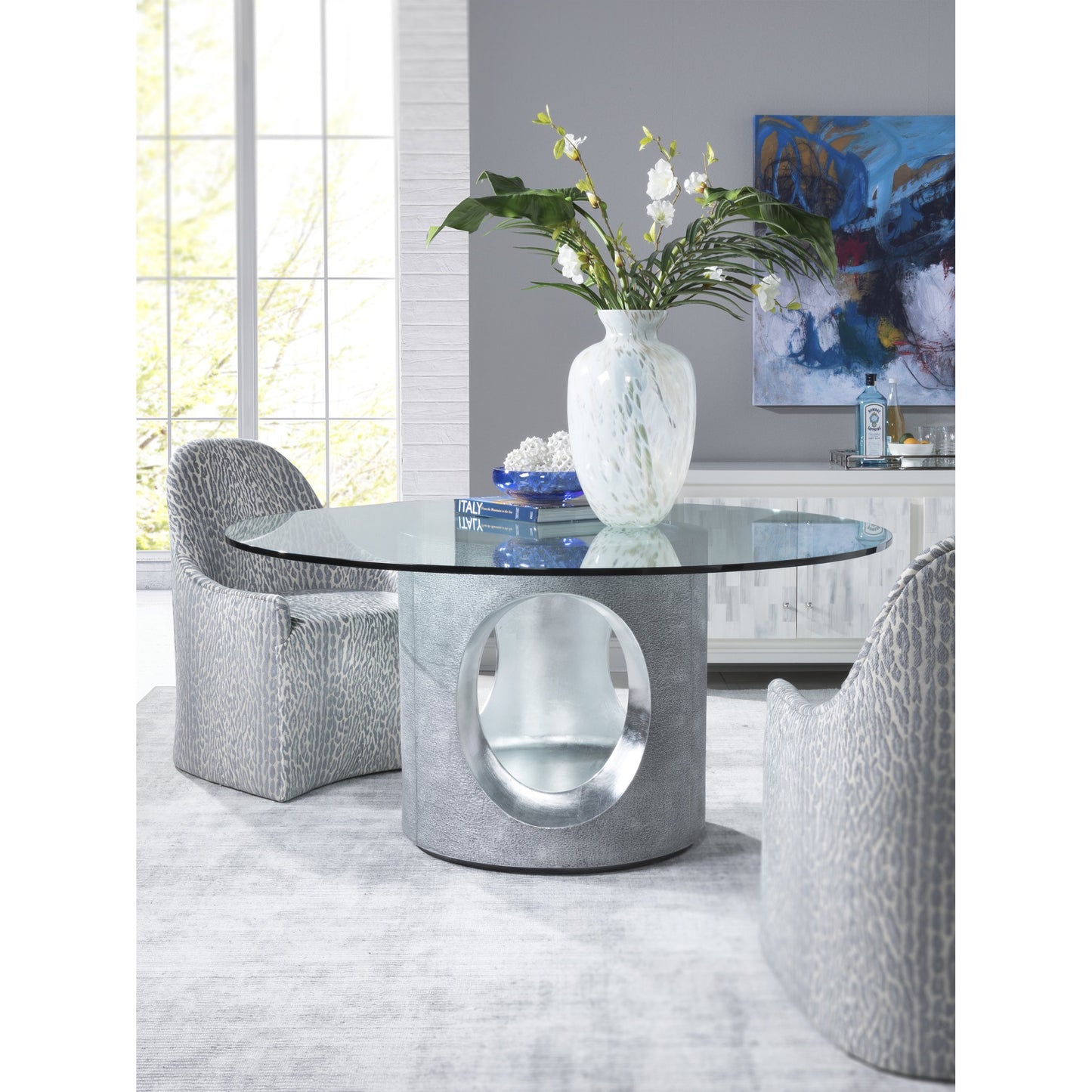 003 SI-1823399,SI-1823400 | Lifestyle | Circa Dining Table by Artistica Home in textured gray, silver leaf. Made from unique in a modern style.