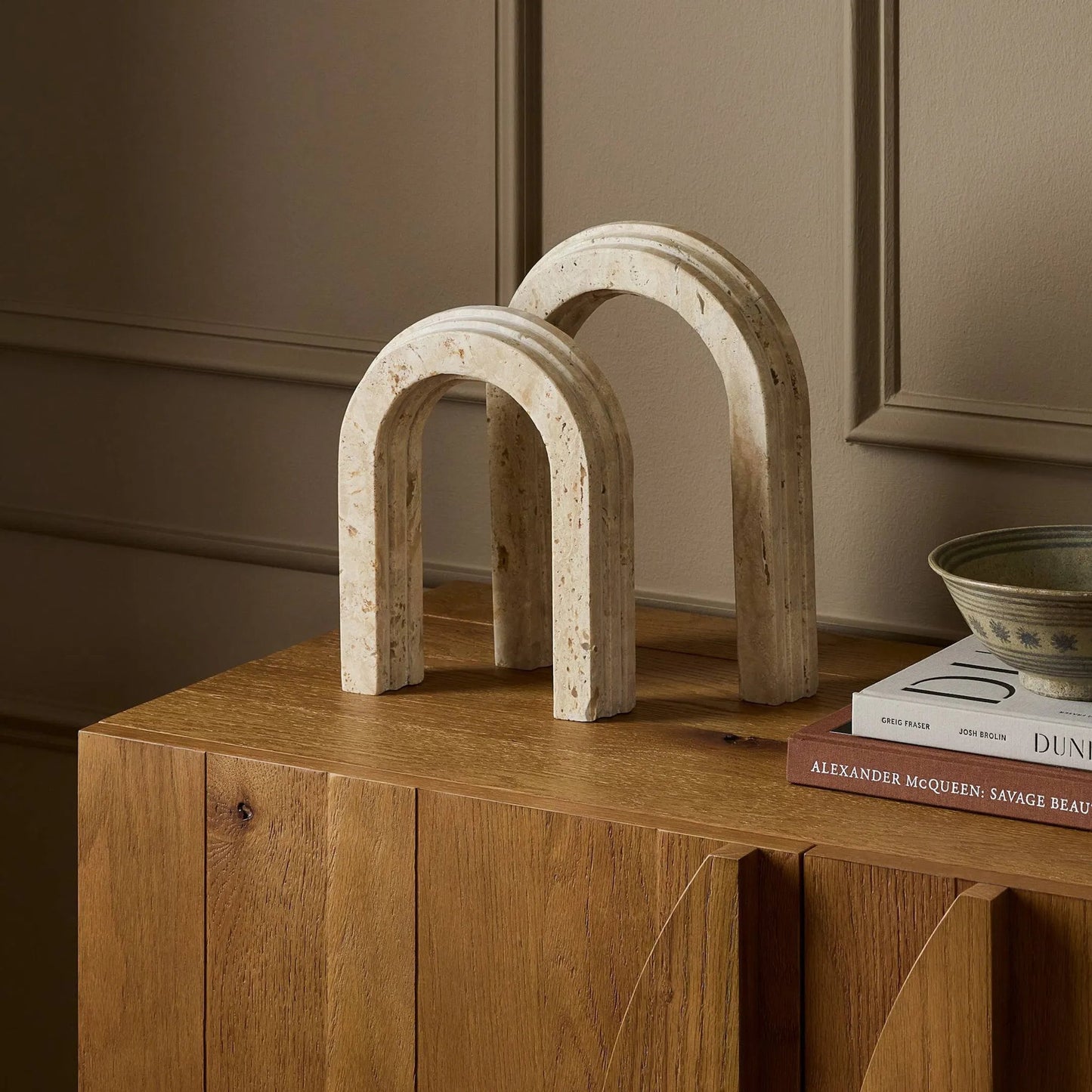 012 SI-1980758 | Lifestyle | Travertine Arches by Four Hands in white tavertine. Made from solid travertine in a modern style.