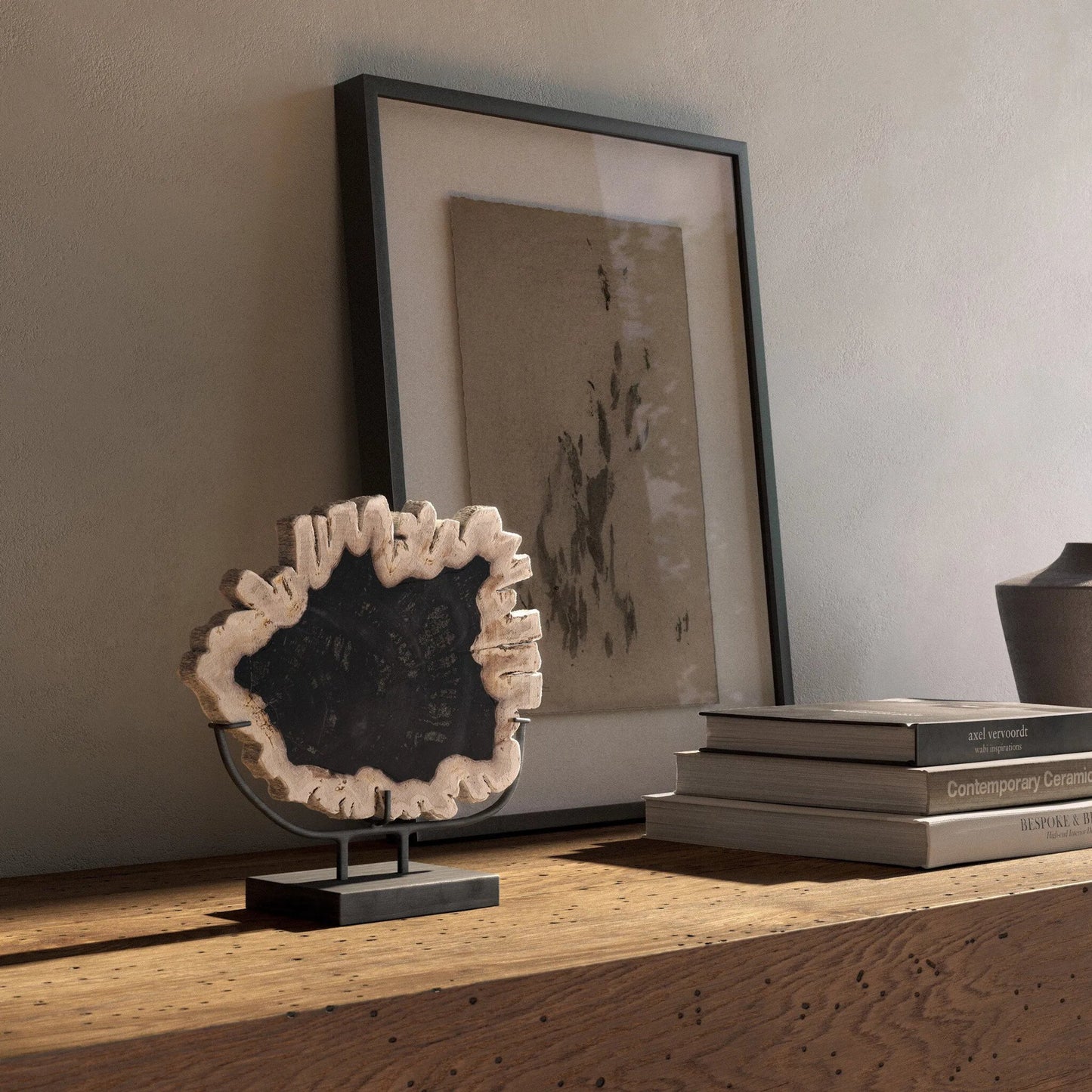 017 SI-1799947 | Lifestyle | Petrified Wood Sculpture by Four Hands in matte black iron, dark petrified wood. Made from iron, petrified wood in a coastal style.