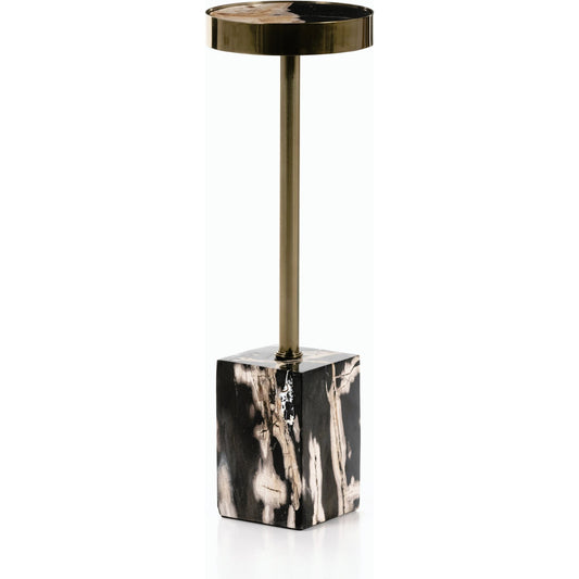 Bevin End Table by Four Hands in dark petrified wood, shiny brass and dark petrified wood. Made from petrified wood, stainless steel in a modern style.