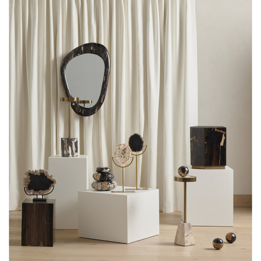 Bevin End Table by Four Hands in dark petrified wood, shiny brass and dark petrified wood. Made from petrified wood, stainless steel in a modern style.