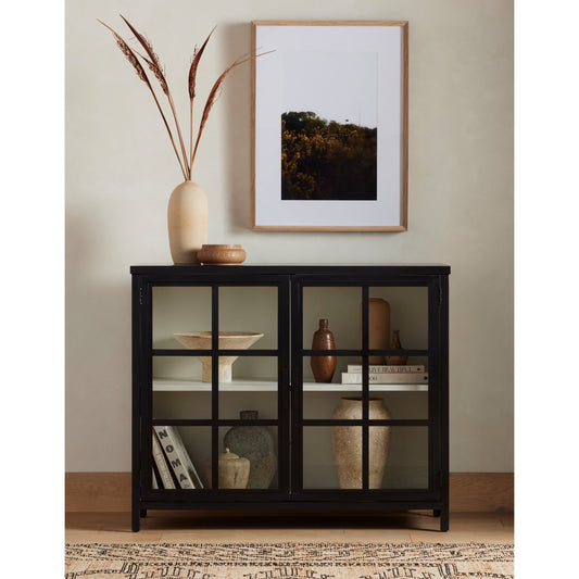 Lexington Small Cabinet by Four Hands in black, tempered glass, white. Made from iron in a modern style.