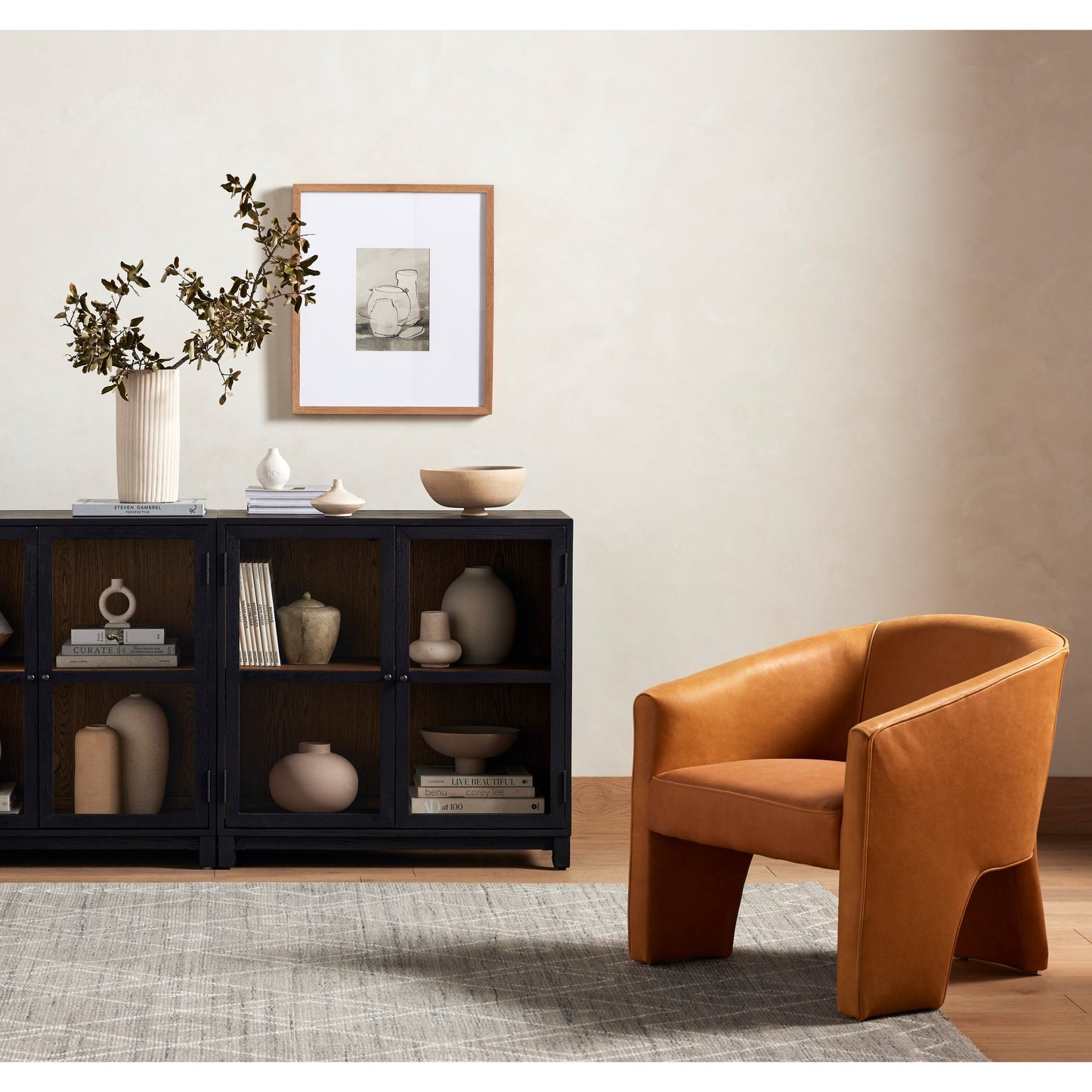 024 SI-1902337 | Lifestyle | Millie Cabinet by Four Hands in matte black, drifted oak. Made from unique in a modern style.