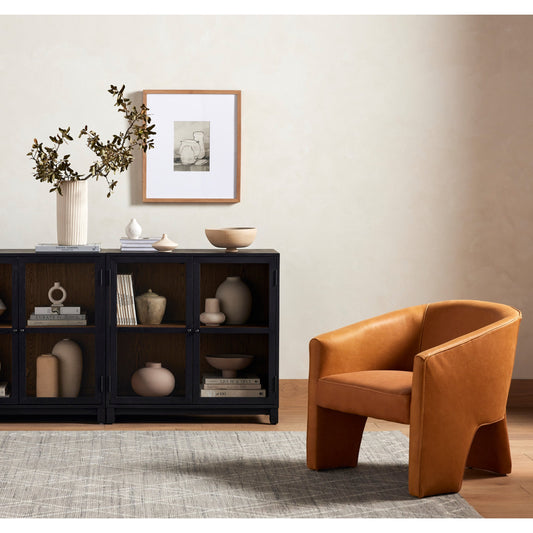 Millie Cabinet by Four Hands in drifted black, drifted oak and matte black, drifted oak. Made from solid oak, tempered glass in a modern style.