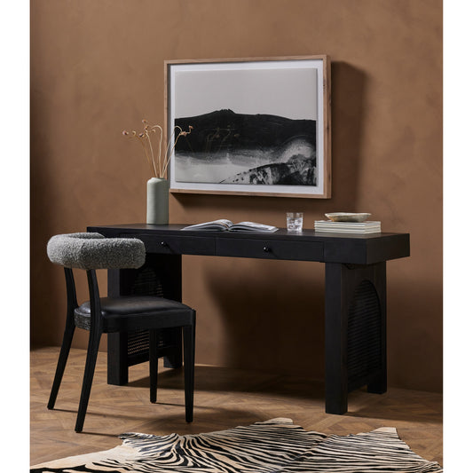 Tilda Desk by Four Hands in black wash mango, black circle cane, black iron and black wash mango. Made from solid mango, iron in a coastal style.