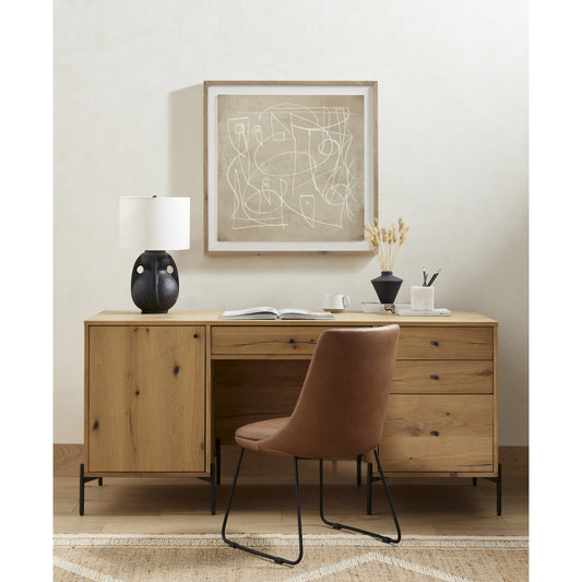 Eaton Executive Desk by Four Hands in light oak, dark gunmetal. Made from thick oak veneer, iron in a modern style.