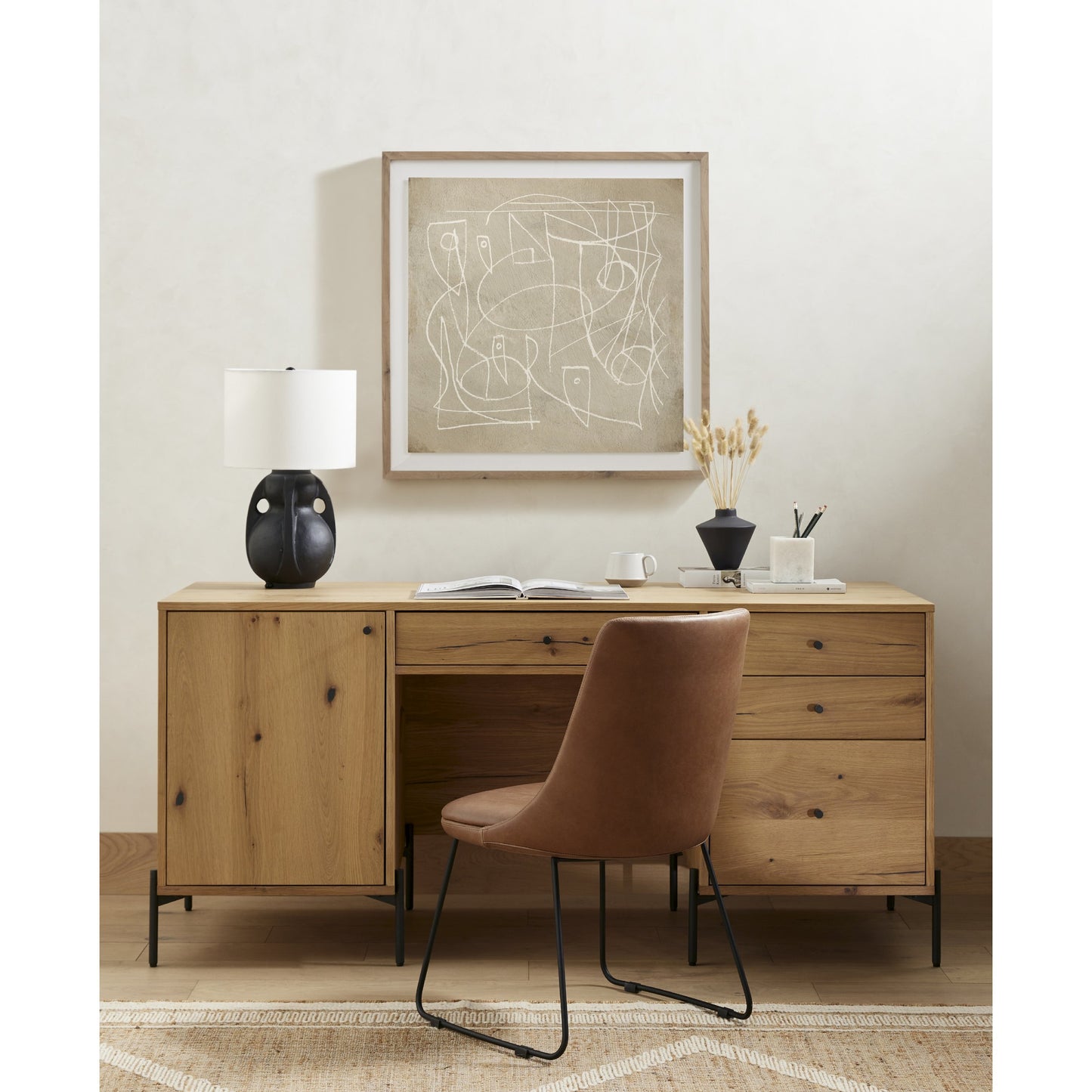 013 SI-1799556 | Lifestyle | Eaton Executive Desk by Four Hands in light oak, dark gunmetal. Made from thick oak veneer, iron in a modern style.