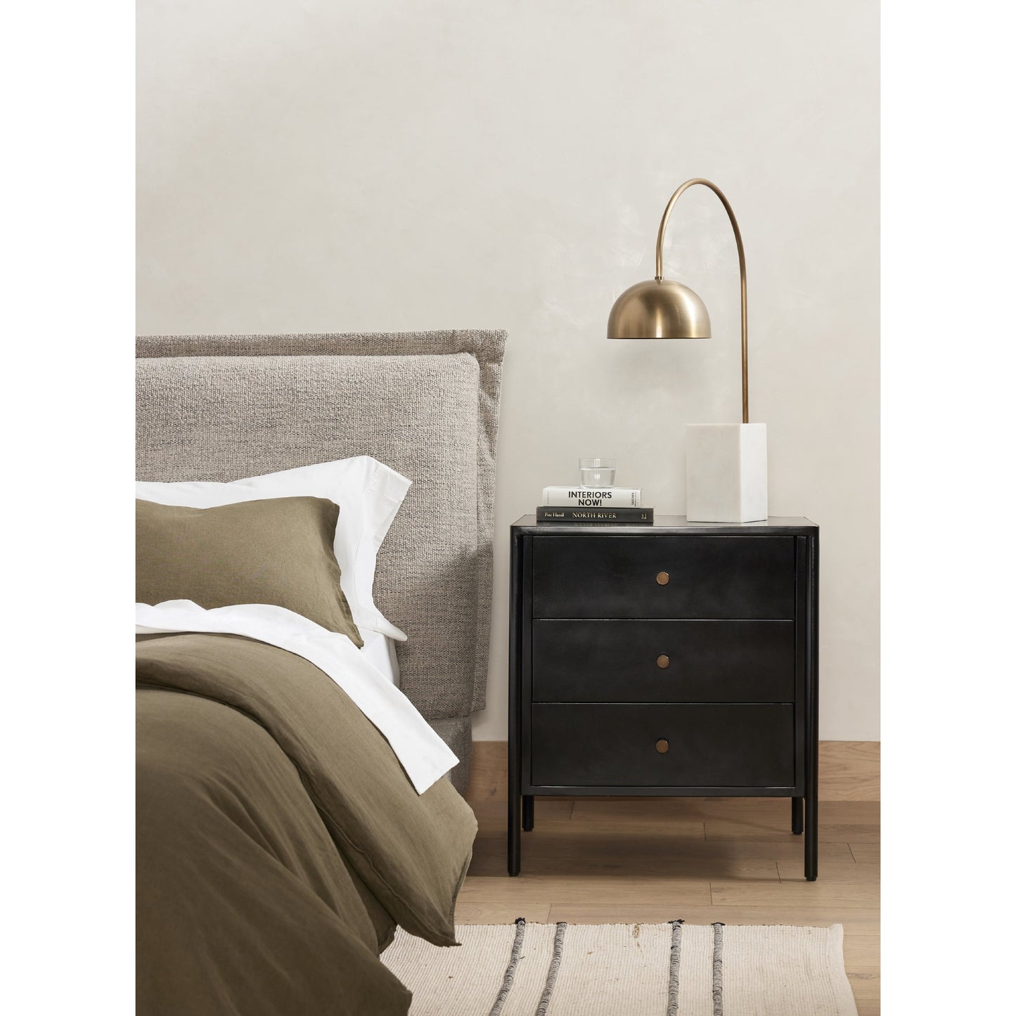 012 SI-1798734 | Lifestyle | Soto Nightstand by Four Hands in black, weathered bronze and black. Made from iron in a modern style.