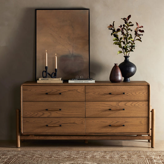 Caroline 6 Drawer Dresser by Four Hands in smoked oak, gunmetal grey. Made from oak veneer, solid oak in a modern style.