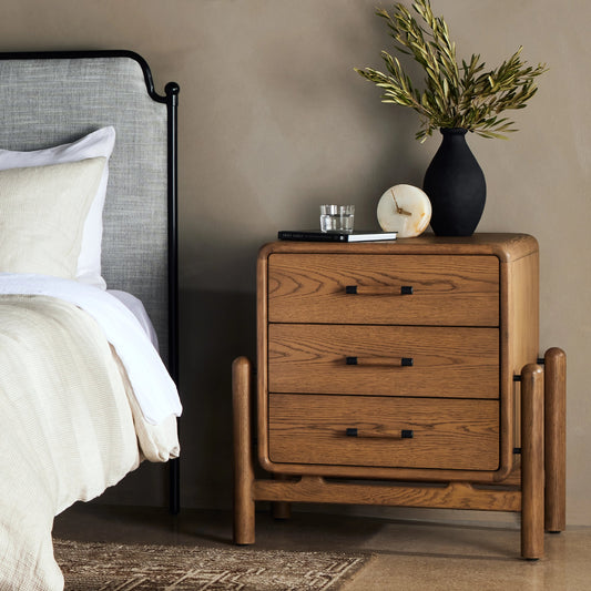 Caroline Nightstand by Four Hands in smoked oak, gunmetal grey. Made from oak veneer, solid oak in a modern style.