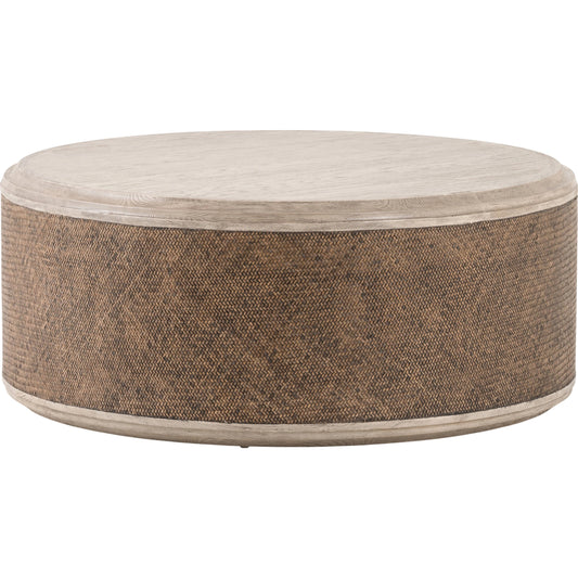 Kiara Coffee Table by Four Hands in weathered blonde pine, rustic rattan. Made from oak veneer, solid pine, rattan in a rustic style.