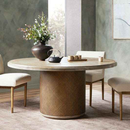 Kiara Round Dining Table by Four Hands in weathered blonde pine, rustic rattan. Made from oak veneer, solid pine in a coastal style.