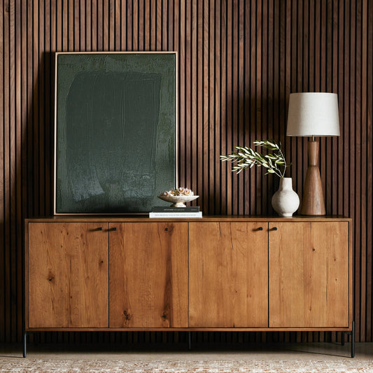 Eaton Sideboard by Four Hands in amber oak resin, dark gunmetal and amber oak. Made from thick oak veneer, iron in a modern style.