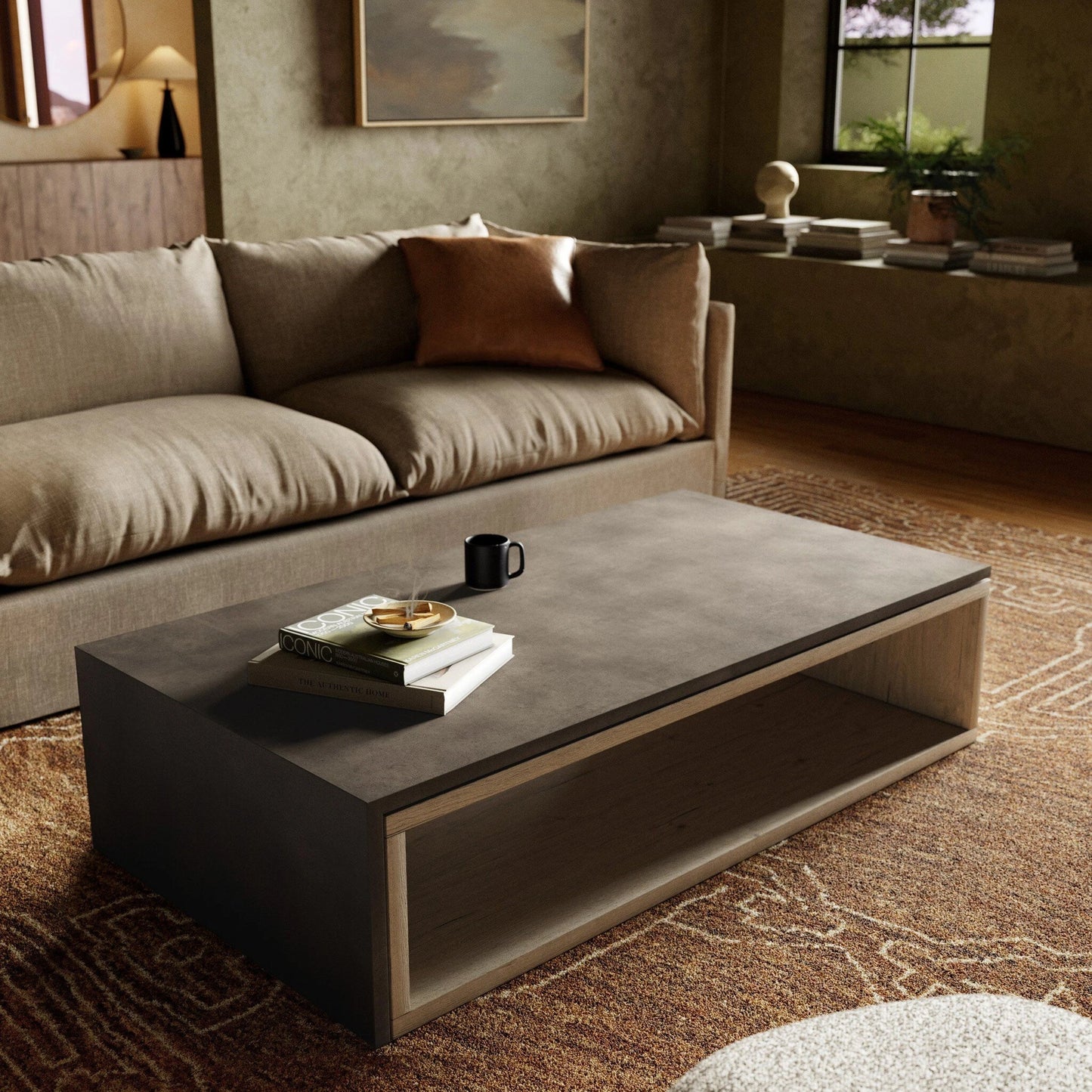 015 SI-1799175 | Lifestyle | Faro Coffee Table by Four Hands in washed natural veneer, dark grey concrete and washed natural, dark grey. Made from faux concrete, thick oak veneer in a modern style.
