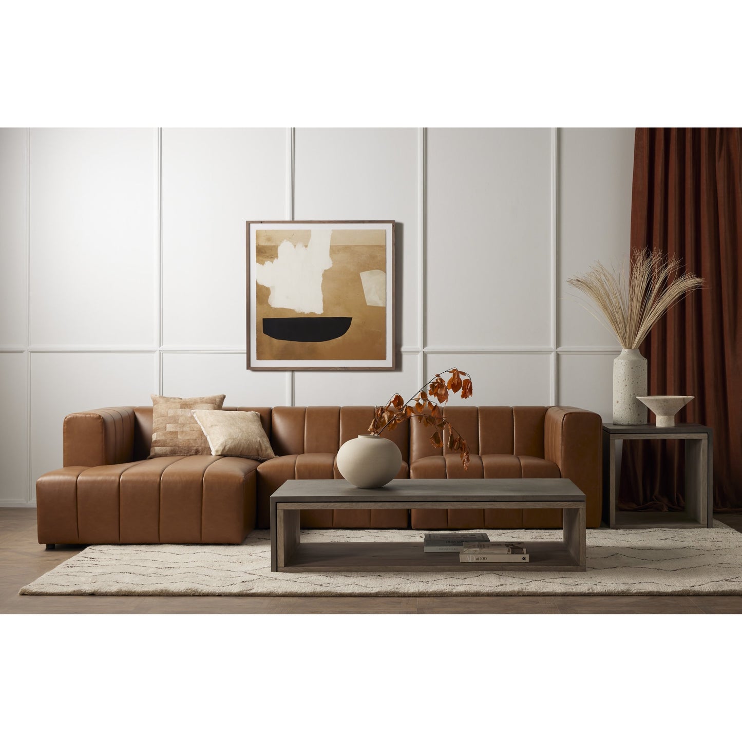 014 SI-1799175 | Lifestyle | Faro Coffee Table by Four Hands in washed natural veneer, dark grey concrete and washed natural, dark grey. Made from faux concrete, thick oak veneer in a modern style.
