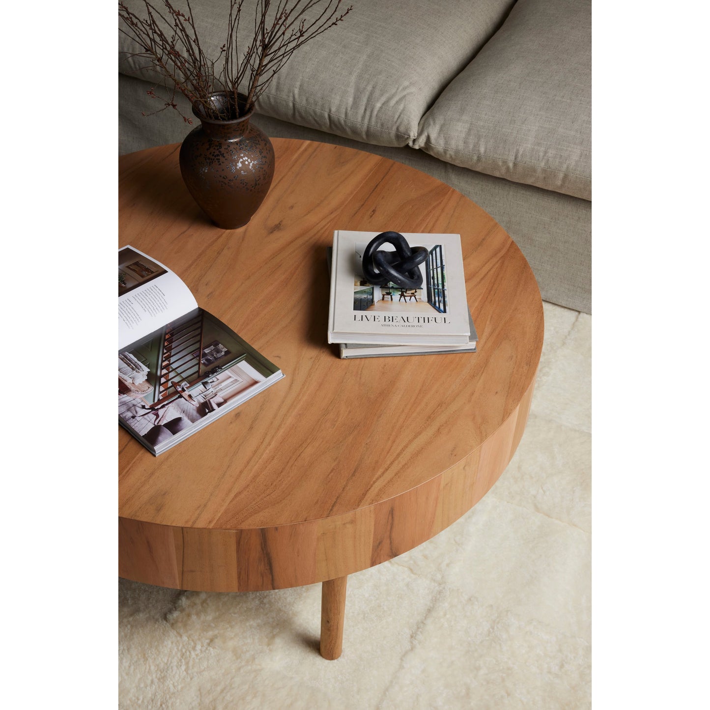 011 SI-1901744 | Lifestyle | Atmore Coffee Table by Four Hands in natural acacia. Made from solid acacia, thin acacia veneer in a modern style.