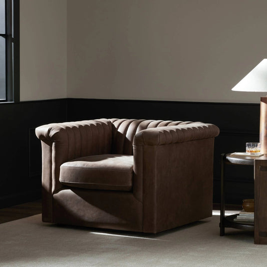 Watson Swivel Chair by Four Hands in palermo cigar. Made from top grain leather, eucalyptus plywood, hd metal in a transitional style.