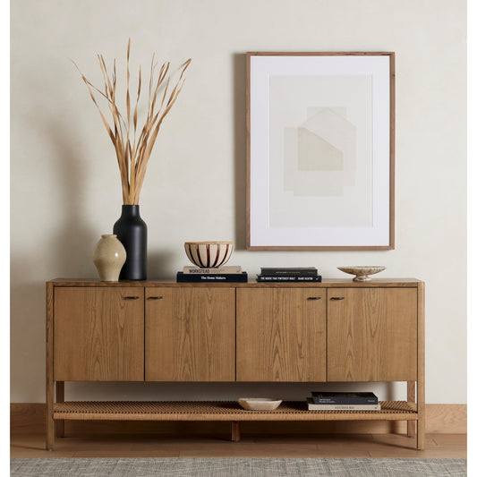 Zuma Sideboard by Four Hands in dune ash veneer, natural paper cord. Made from solid ash, rush in a transitional style.