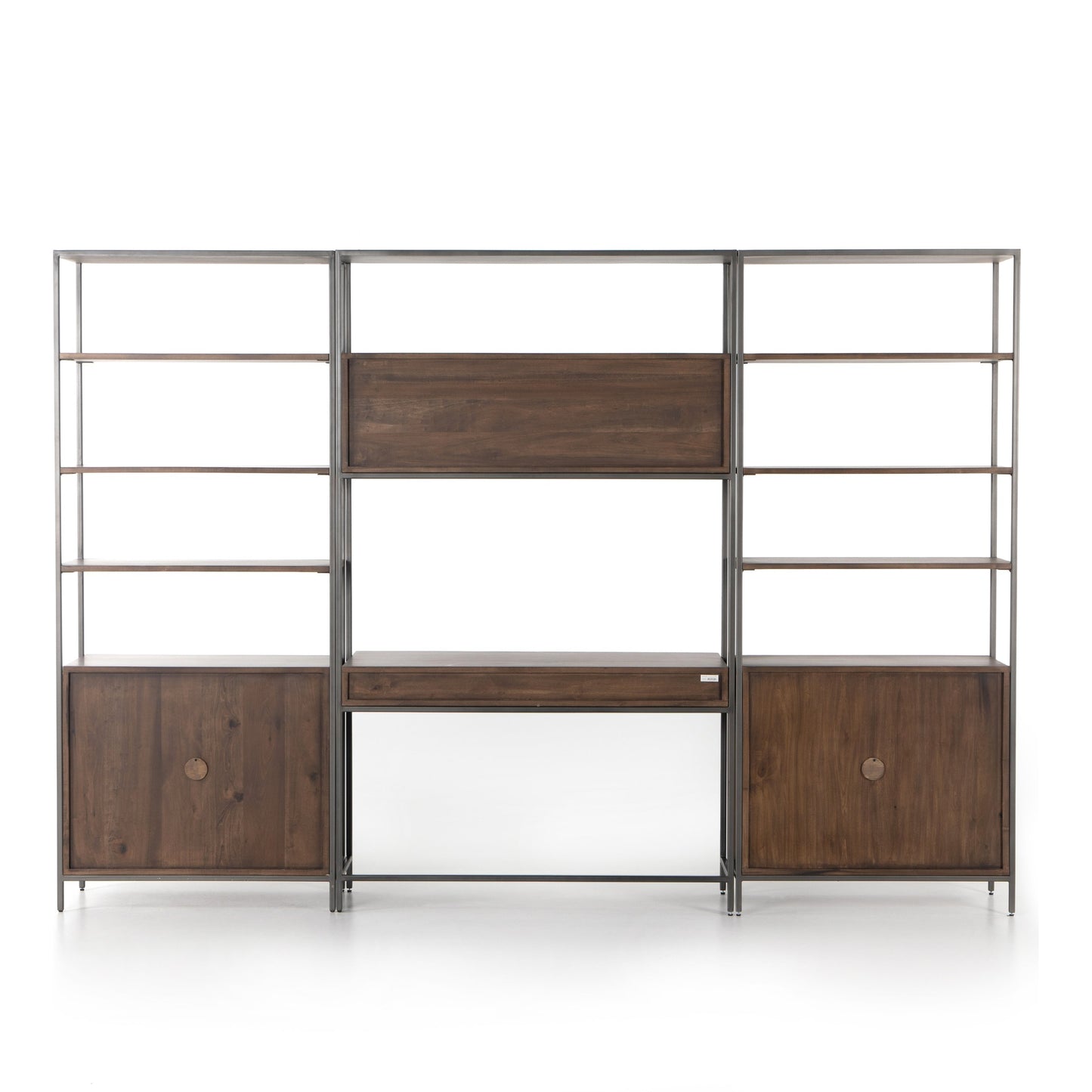 011 SI-1717046 | Additional Silo | Trey Modular Wall Desk with 2 Bookcases by Four Hands. Made from solid poplar, top grain leather, iron in a modern style.