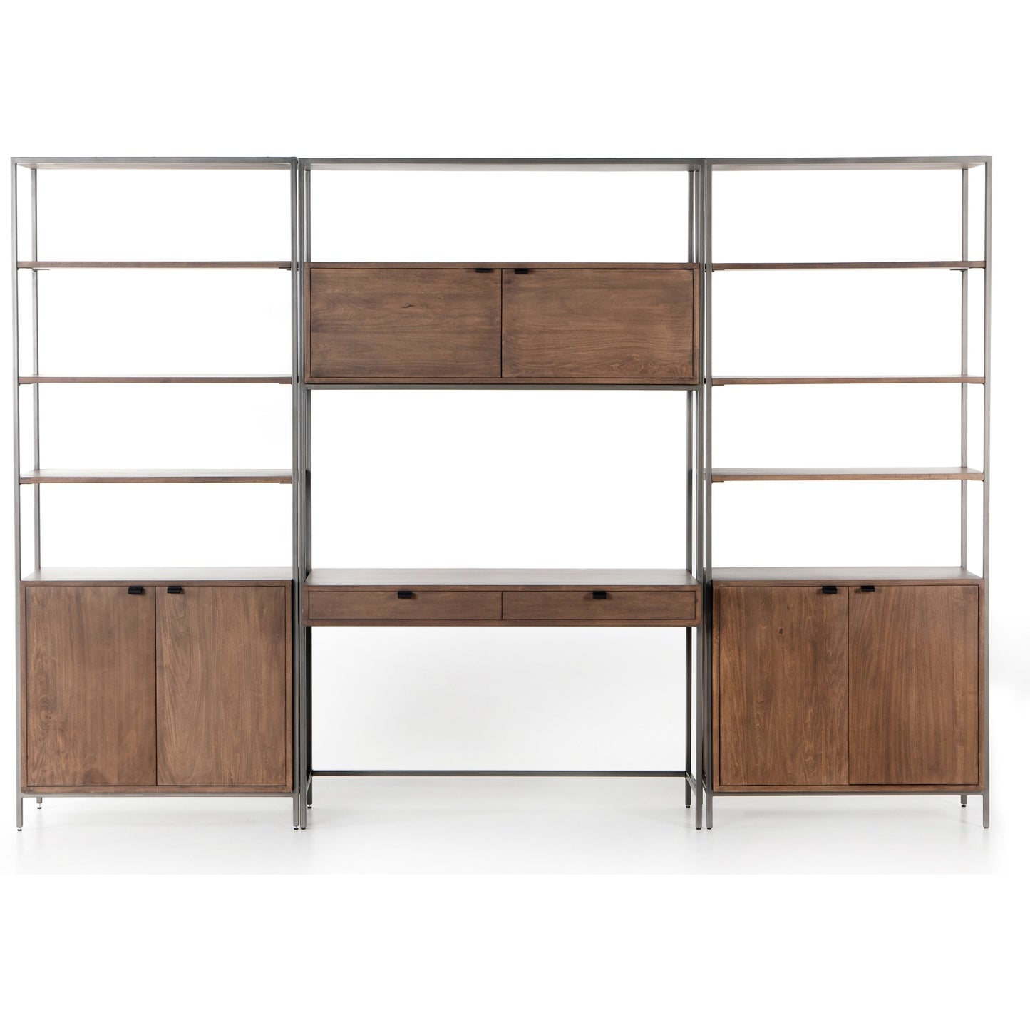 005 SI-1717046 | Additional Silo | Trey Modular Wall Desk with 2 Bookcases by Four Hands. Made from solid poplar, top grain leather, iron in a modern style.