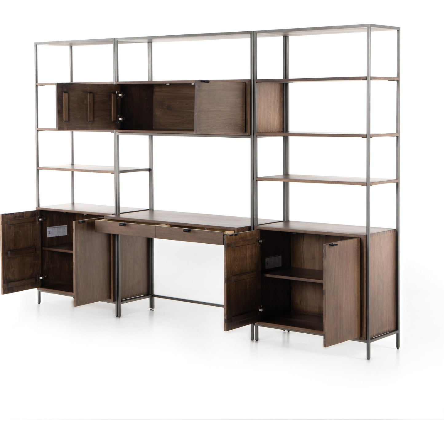 007 SI-1717046 | Additional Silo | Trey Modular Wall Desk with 2 Bookcases by Four Hands. Made from solid poplar, top grain leather, iron in a modern style.