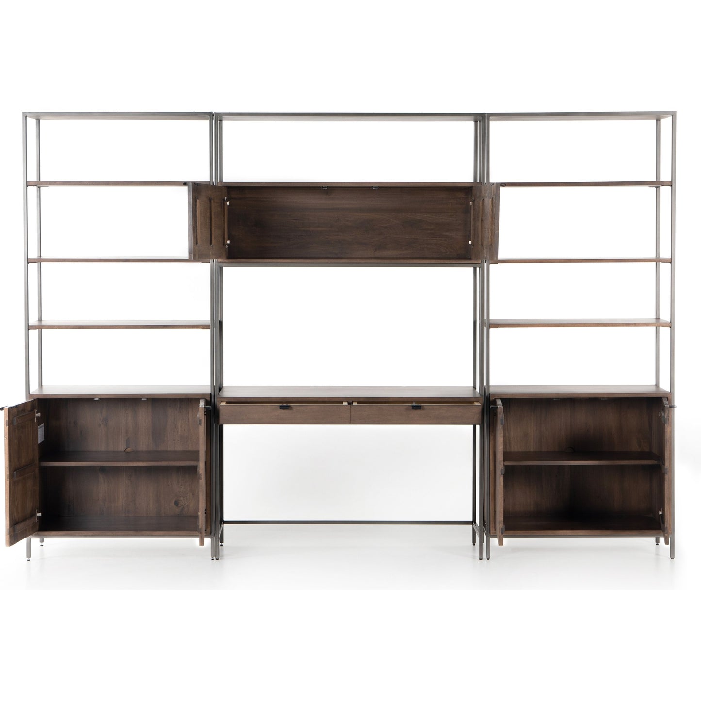 019 SI-1717046 | Additional Silo | Trey Modular Wall Desk with 2 Bookcases by Four Hands. Made from solid poplar, top grain leather, iron in a modern style.