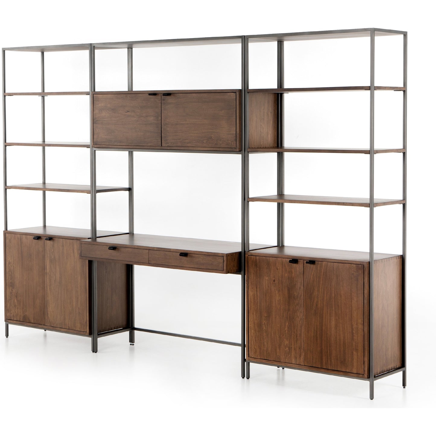 002 SI-1717046 | Additional Silo | Trey Modular Wall Desk with 2 Bookcases by Four Hands. Made from solid poplar, top grain leather, iron in a modern style.