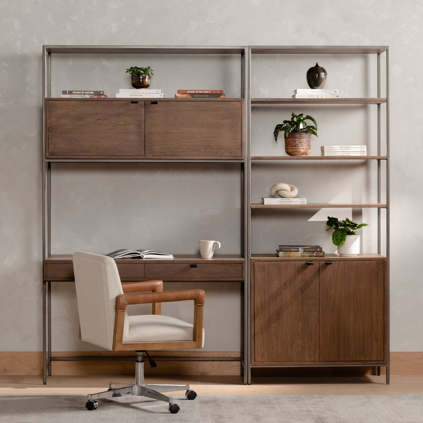043 SI-1717043 | Lifestyle | Trey Modular Wall Desk with Bookcase by Four Hands. Made from solid poplar, top grain leather, iron in a modern style.