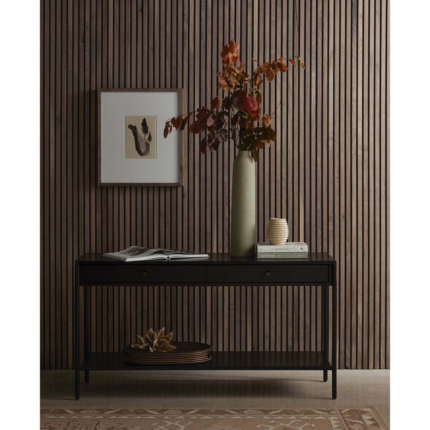 011 SI-1800093 | Lifestyle | Soto Console Table by Four Hands in black, weathered bronze and black. Made from iron in a modern style.