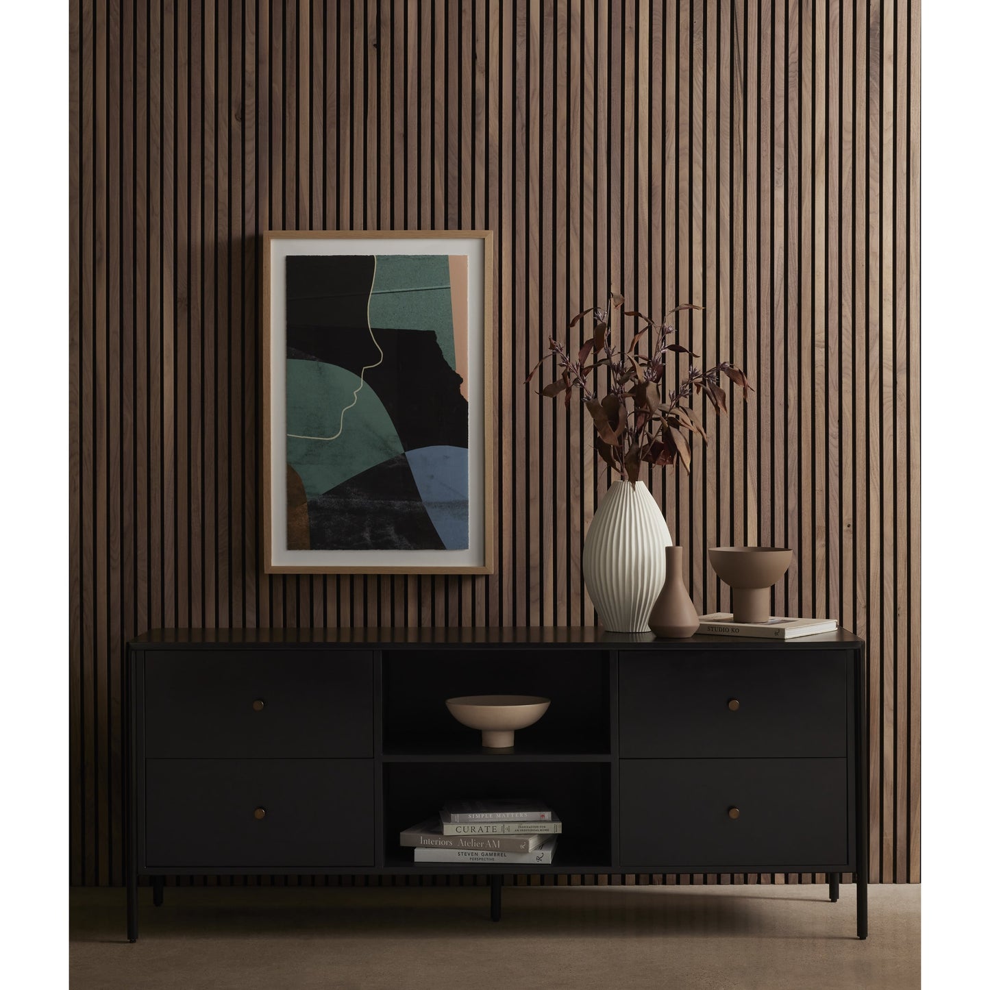 013 SI-1800095 | Lifestyle | Soto Media Console by Four Hands in black, weathered bronze and black. Made from iron in a modern style.