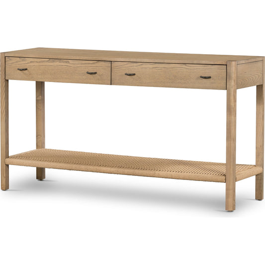 Zuma Console by Four Hands in dune ash, gunmetal, natural paper cord. Made from solid ash, rush in a coastal style.